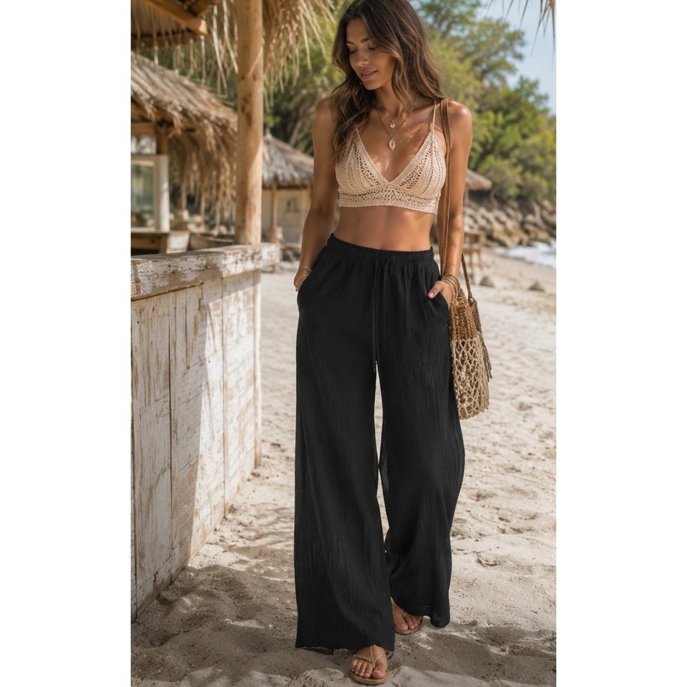 Zara Wide Leg Pants Womens XL Black Crinkle Textured Drawstring Boho